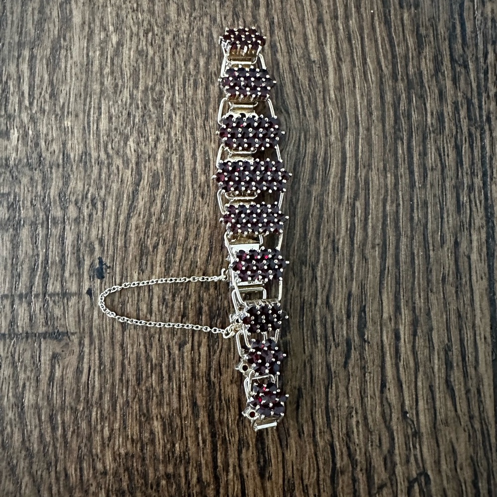 Vintage Bohemian Garnet Bracelet | Gold-Tone | Safety Chain